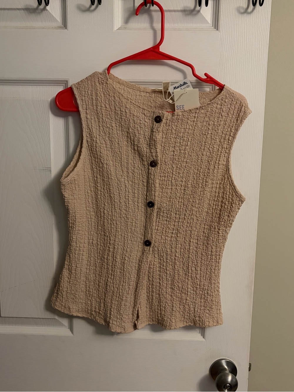 See You Monday Beige Textured Button-Front Sleeveless Top